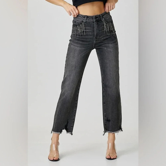 Risen Rhinestone Charcoal Straight Distressed Jean - Size 1/25 - Picture 1 of 14
